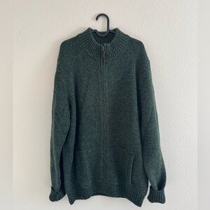 LL Bean 100% Lambs Wool Full Zip Green Knit Sweater Mock Neck Men’s Size L Tall